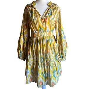 CHARINA SARTE | Yellow Ikat Printed Cotton Mini Dress Puff Sleeve | Size Medium